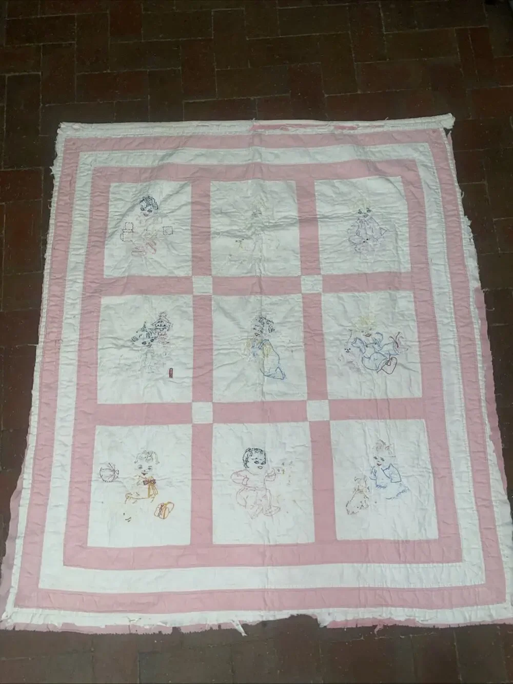 Vintage Patchwork Hand Quilted Embroidered Baby Girl Cotton Blanket Quilt 44” SQ